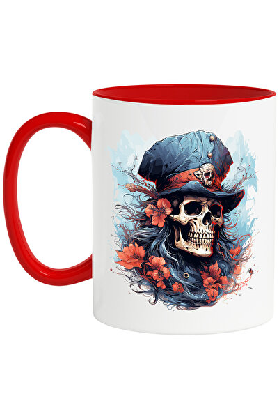 StoryGift Romania Cana cu un craniu cu palarie, ilustratie, floricele rosii, ...