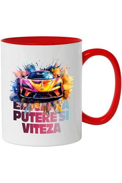 StoryGift Romania Cana Cu Mesaj Putere Si Viteza, Watercolor, Masina Sport, Multicolor 330 ml, Cer, Cu Maner Rosu