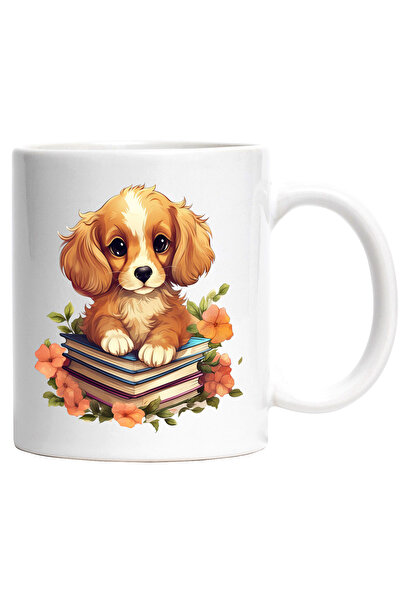 StoryGift Romania Cana cu un catel serios care sta pe un teanc cu carti | ilustratie | flori | nat, Cu Maner Alb