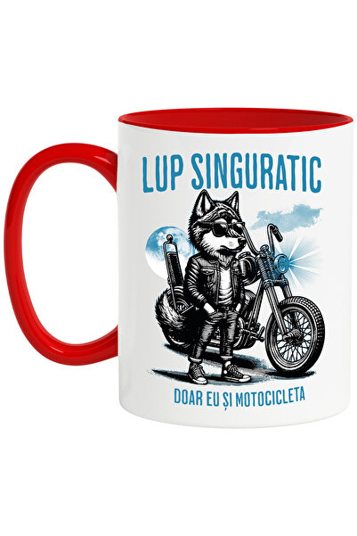 StoryGift Romania Cana lup singuratic doar eu si motocicleta mea munte, 330ml, Ceramic cu Maner Ro, Cu Maner Rosu