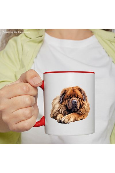 StoryGift Romania Cana cu un caine Chow Chow blanos | ilustratie | doarme dus | oboseala | noapte , Cu Maner Rosu