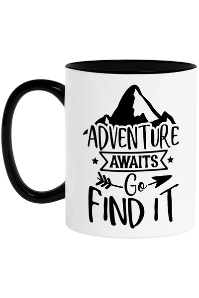 StoryGift Romania Cana cu munte si stelute cu mesajul "Adventure awaits, go find it" - aventura as, Cu Maner Negru