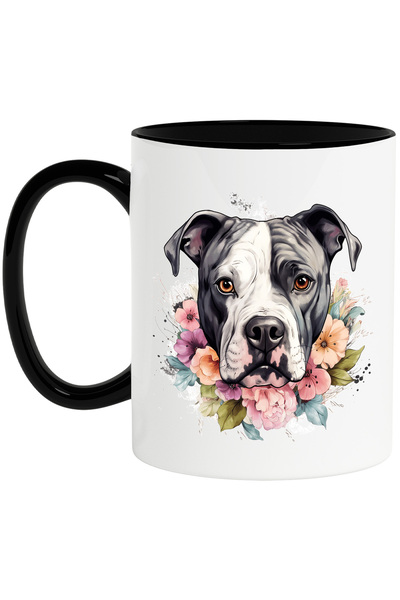 StoryGift Romania Cana cu un caine Boxer, ilustratie, flori de diverse culori...