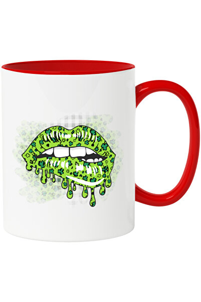 StoryGift Romania Cana cu niste buze date cu ruj verde | ilustratie | trifoi | Irlanda | musca de , Cu Maner Rosu