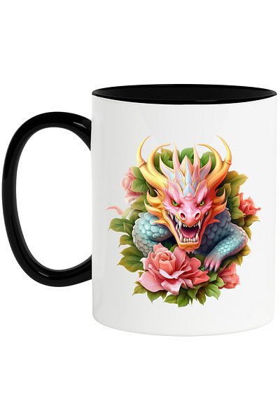 StoryGift Romania Cana cu un dragon furios, ilustratie, anul dragonului, plante, floricele, China,, Cu Maner Negru