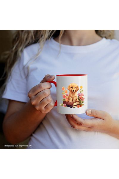 StoryGift Romania Mug with a Golden Retriever puppy sitting on 2 closed books | illustration | neck, With, STG.