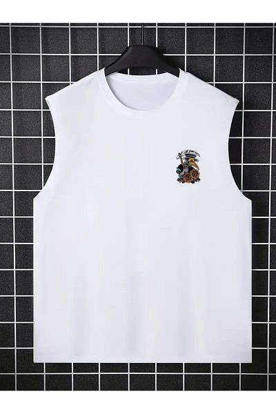 PENTHİLUS Men's Casual Round Neck Sleeveless T-Shirt, Alphabet Print on the Back, Cartoon