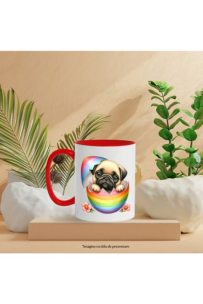 StoryGift Romania Mug with a Pug puppy | illustration | shy | coming out of a broken egg | flowers | pink, With ,STG