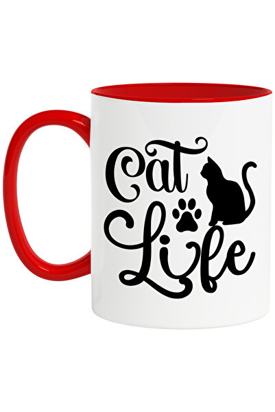 StoryGift Romania Cana cu labuta si pisicuta cu textul "Cat life" - viata de pisica fara griji cu , Cu Maner Rosu