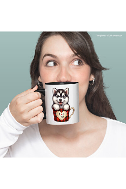 StoryGift Romania Cana cu un catel Malamut de Alaska, ilustratie, sta intr-o ceasca, important, ca, Cu Maner Negru