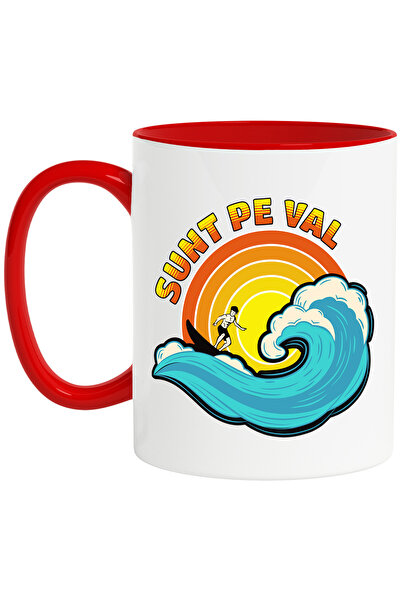 StoryGift Romania Cana sunt pe val om pe placa de surf, val inalt sport, 330ml, Ceramic cu Maner R, Cu Maner Rosu