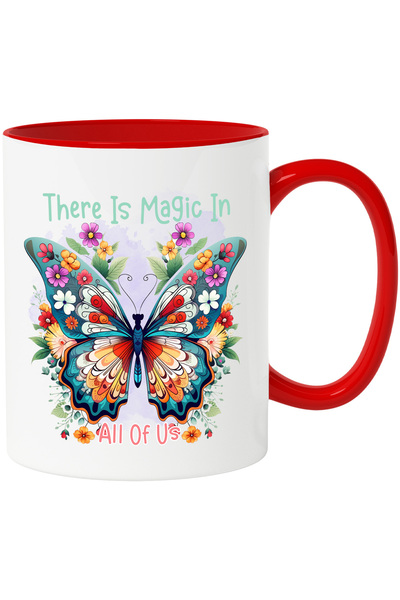 StoryGift Romania Cana cu fluture cu floricele pe aripi cu mesajul "There is magic in all of us", , Cu Maner Rosu