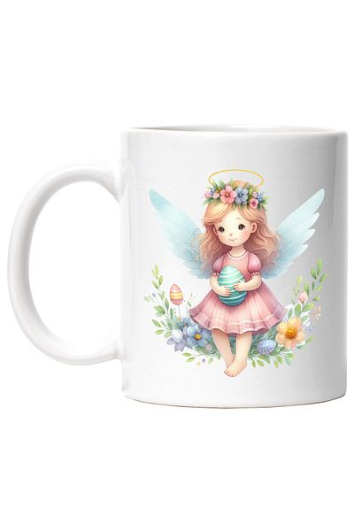 StoryGift Romania Cana cu o fetita cu aripi de zana | ilustratie | tine un ou vopsit in brate | fl, Cu Maner Alb