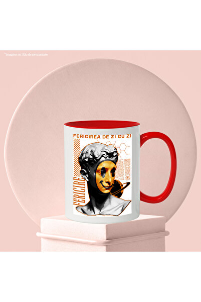 StoryGift Romania Everyday Happiness Mug - Mask on Face, 330ml, Ceramic with Red Handle, With Handle, STG