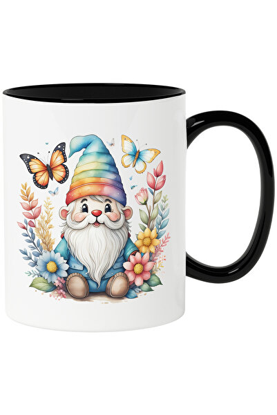 StoryGift Romania Cana cu un pitic de gradina vesel | ilustratie | fluturi | natura | flori divers, Cu Maner Negru