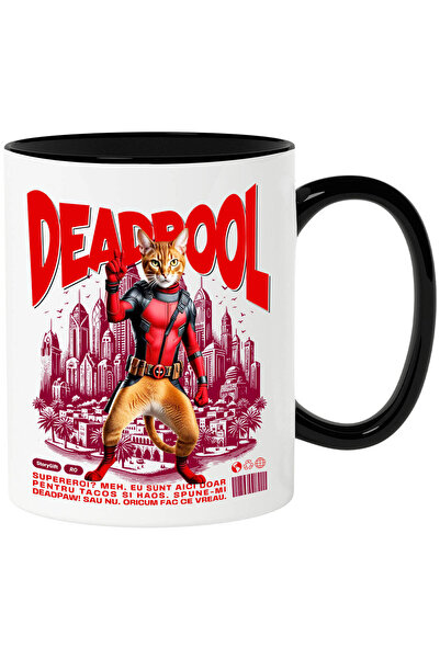 StoryGift Romania Cana cu Abisinian / Abyssinian Pisica In Costum de DeadPool cu Pelerina, Erou No, Cu Maner Negru