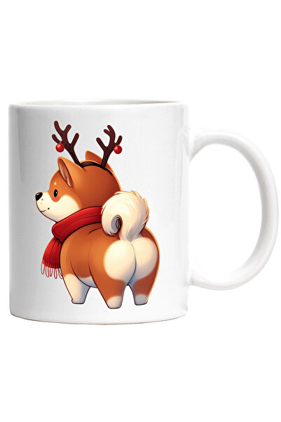 StoryGift Romania Cana cu un catel Akita Inu care are coarne de ren | ilustratie | animal de compa, Cu Maner Alb