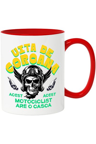 StoryGift Romania Cana cu Craniu Uman Cu Aripi De Inger si Casca De Protectie Rege Pe Sosea Motoci, Cu Maner Rosu