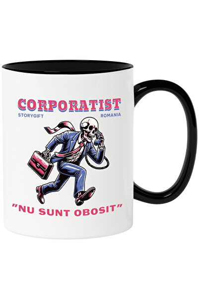 StoryGift Romania Cana cu Schelete Uman In Costum Corporatie Servieta Telefon Alergand Text Nu Sun, Cu Maner Negru