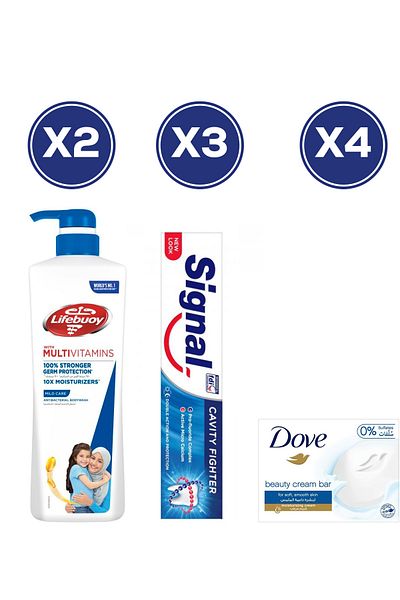 LİFEBUOY Lifebuoy Body Wash Mild Care 700ml x2 + Signal Toothpaste 120ml x3 + Dove Soap 160g x4 – Bundle