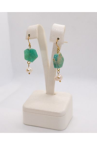 Luna Steel Earrings with Real Pearl and Amazonite Natural Stone