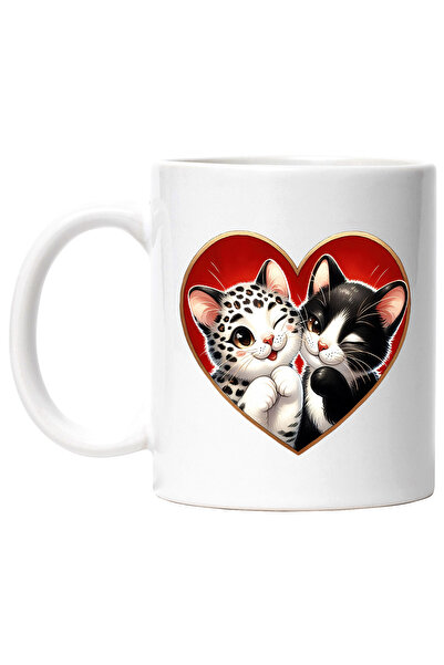 StoryGift Romania Cana cu 2 pisicute vesele | ilustratie | prietenie | afectiune | inimioara | Val, Cu Maner Alb