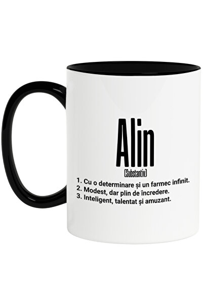 StoryGift Romania Cana Cu Numele Alin, Determinare, Modest, Inteligent, Amuzant, Personalizat, Cad, Cu Maner Negru