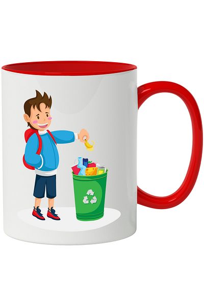 StoryGift Romania Mug with Child, Trash Can, Recycling, Shell, Multicolor 330 ml, Ceramic with Ma, With Red Handle