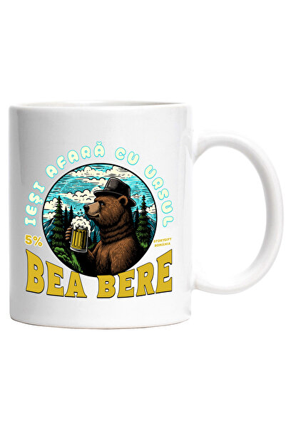 StoryGift Romania Cana Iesi afara cu ursul. Bea bere in padure natura, 330ml, Ceramic cu Maner Alb, Cu Maner Alb