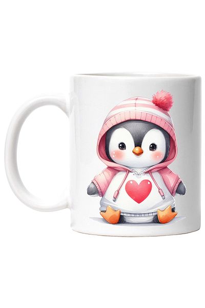 StoryGift Romania Cana cu un pinguin vesel, ilustratie, imbujorat, hanorac cu inimioara, apreciere, Cu Maner Alb