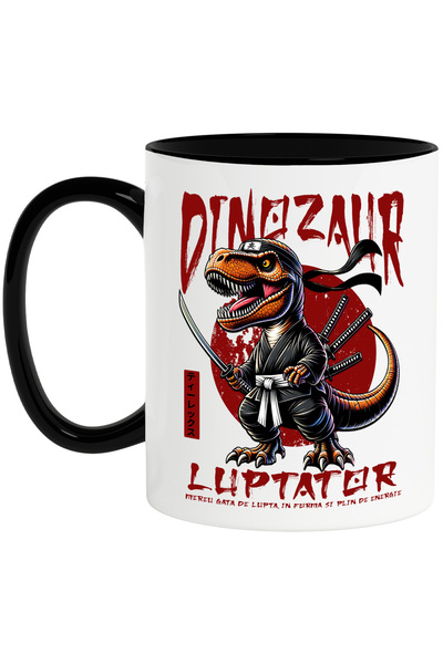 StoryGift Romania Cana T-Rex Ninja Dinozaur Luptator Jurassic, 330ml, Ceramica cu Maner Negru, Cu Maner Negru