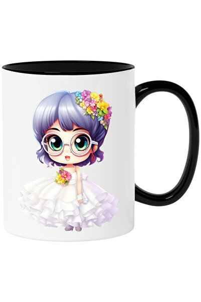 StoryGift Romania Cana cu o fata vesela la nunta | ilustratie | rochie de mireasa | buchet cu flor, Cu Maner Negru