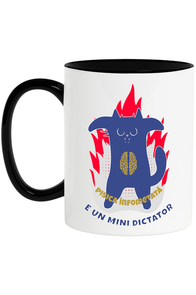 StoryGift Romania Cana Pisica in flacari infometata e un mic dictator, 330ml, Ceramica cu Maner Ne, Cu Maner Negru