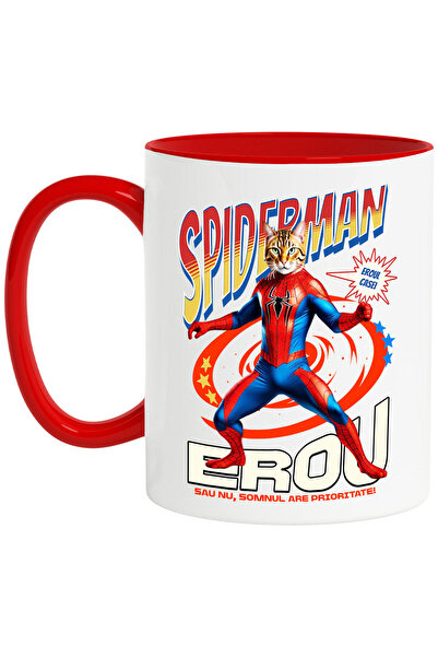 StoryGift Romania Cana cu Bengal Pisica In Costum de SpiderMan cu Pelerina, Erou Nocturn, Desene a, Cu Maner Rosu