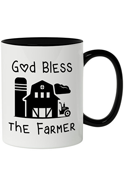 StoryGift Romania Cana Cu Mesaj In Engleza God Bless The Farmer, Tractor, Hambar, Siloz, Alb Negru, Cu Maner Negru