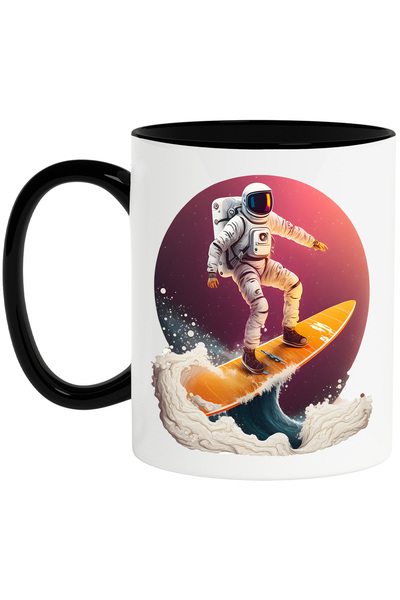StoryGift Romania Cana cu un astronaut care se da cu o placa de surf | apa | valuri | cerc | plane, Cu Maner Negru