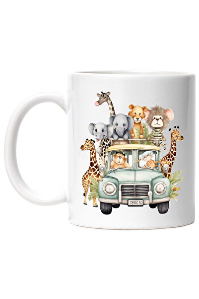 StoryGift Romania Cana cu o masina cu animale din jungla | ilustratie | salbatice | safari | plimb, Cu Maner Alb