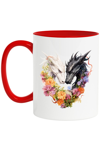 StoryGift Romania Mug with 2 dragons forming a heart, illustration, white, black, popcorn, Vale, With Red Handle