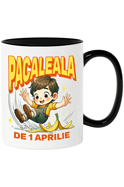 StoryGift Romania Cana pacaleala de 1 aprilie copil cade pe banana, 330ml, Ceramica cu Maner Negru, Cu Maner Negru