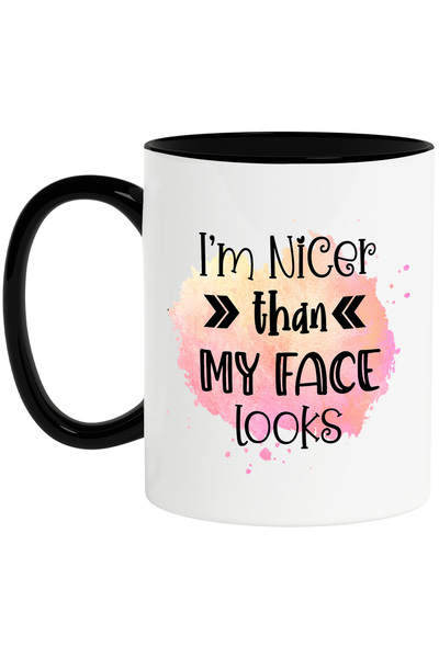 StoryGift Romania Cana cu mesajul "I'm nicer than my face looks", ilustratie, amuzant, razi, comic, Cu Maner Negru