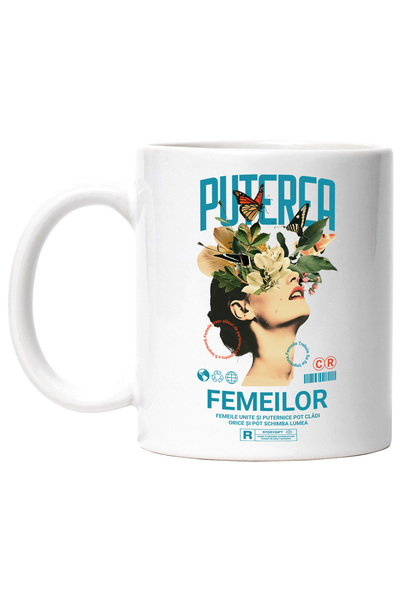 StoryGift Romania Cana Puterea Femeilor - Portret Fata cu Flori si Fluturi, 330ml, Ceramic cu Mane, Cu Maner Alb