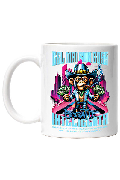 StoryGift Romania Cana CEL MAI BUN BOSS, 330ml, Ceramic cu Maner Alb, Cu Mane...