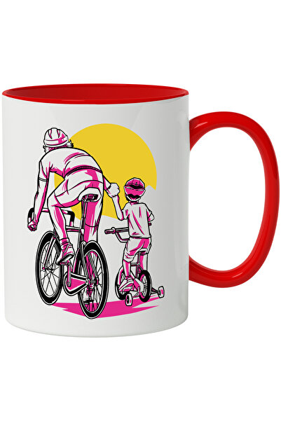 StoryGift Romania Cana Cu Ciclism, Barbat, Copil, Retro, Soare, Bicicleta, Multicolor 330 ml, Cera, Cu Maner Rosu