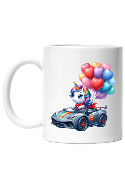 StoryGift Romania Cana cu un unicorn care conduce un Lamborghini | ilustratie | multe baloane dive, Cu Maner Alb