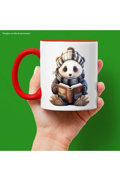 StoryGift Romania Mug with a Panda bear holding an open book | illustration | hat | scarf |, With ,STG