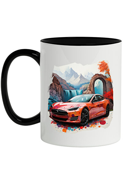 StoryGift Romania Cana Cu Masina, Tesla, Peisaj, Munti, Cascada, Stanci, Multicolor 330 ml, Cerami, Cu Maner Negru