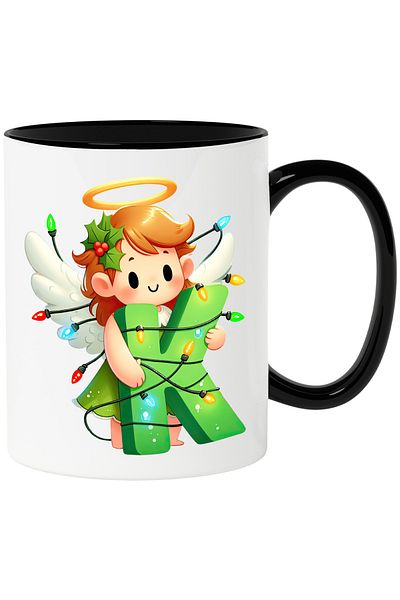 StoryGift Romania Cana cu o fetita cu aripi de ingeras care tine litera "K" | ilustratie | luminit, Cu Maner Negru