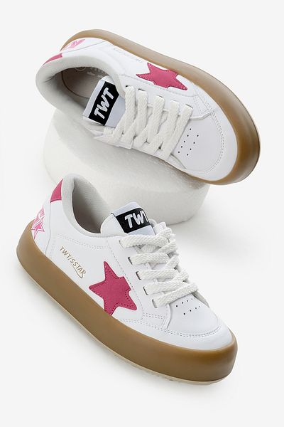 Tonny Black Children's Unisex White Fuchsia Thermo Sole Star Detailed Lace up and Velcro Sports Shoes
