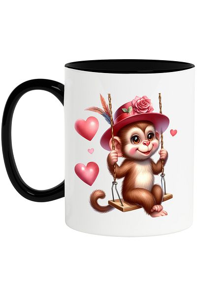 StoryGift Romania Mug with a monkey swinging, illustration, hearts, love, play, ve, With, STG