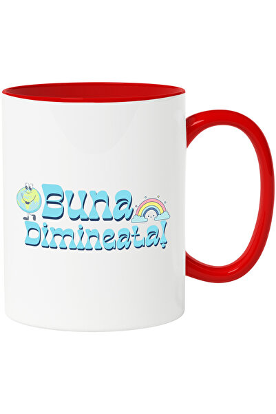 StoryGift Romania Cana Urare Buna Dimineata, curcubeu, planeta pamanat, 330ml, Ceramic cu Maner Ro, Cu Maner Rosu